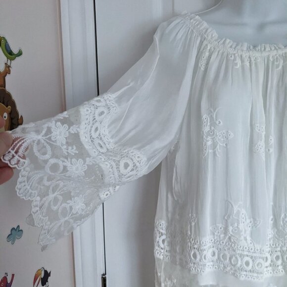 M italian white lace chroshet boho blouse drop shoulder small @F1 - Picture 5 of 11